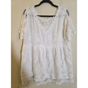 White Lace Embroidered Cotton Boho Tunic Top Short Sleeve V-Neck CD2796-000